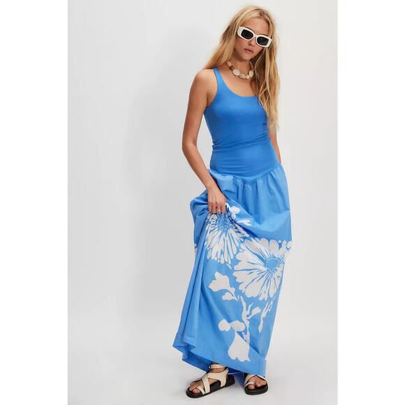 NWT FREE PEOPLE S/W/F Stretch Singlet Maxi Dress $358 LARGE Rebloom BLUE